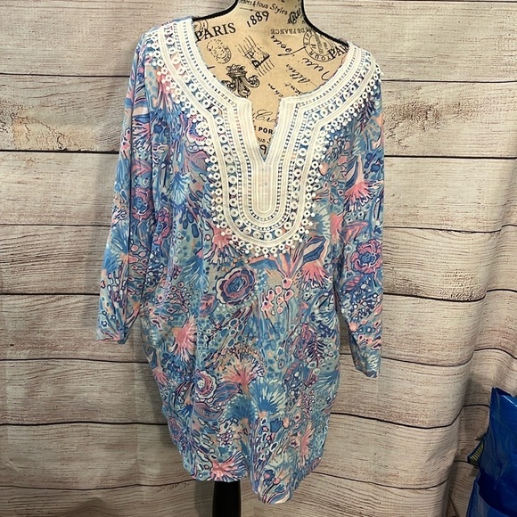 Talbots Floral Lace Trim Tunic Top Size 2X Pima Cotton 3/4 Sleeves - Picture 2 of 8
